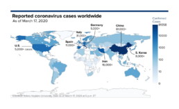 Choropleth map of reported coronavirus cases worldwide as of March 17, 2020 (CNBC)