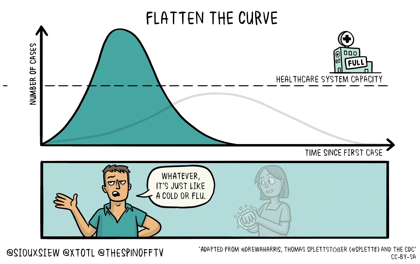 Flattening the curve visual by illustrator Toby Morris and microbiologist Siouxsie Wiles for The SpinoffFlattening the curve visual by illustrator Toby Morris and microbiologist Siouxsie Wiles for The Spinoff
