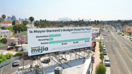 Kenneth Mejia's billboard in the city of Los Angeles, showing a bar chart with a breakdown of the city budget.