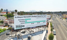 Kenneth Mejia's billboard in the city of Los Angeles, showing a bar chart with a breakdown of the city budget.