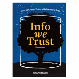 Cover for 'Info we Trust' by RJ Andrews, showing a black tree silhouette on a dark blue background with stars. The tree is enclosed in the outline of a white cylinder.