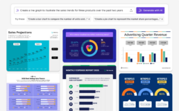 Screenshot of Venngage's AI graph generator tool. A prompt bar reads 'Create a line graph to illustrate the sales trends for three products over the past two years' next to a 'Generate with AI' button, with suggested prompts for bar and pie charts below. Underneath, six example branded infographics show various chart types.