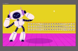 Screenshot of Adobe's AI Turntable feature in an Illustrator-style canvas. A large cartoon robot character with headphone-like ears stands against a yellow wall and pink checkered floor, next to a grid of dozens of small AI-generated variations of the same robot in different poses and angles.
