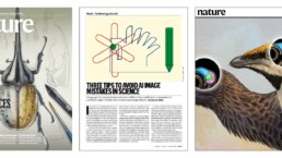 Three-panel spread: the Nature magazine cover for 23 July 2026, featuring a detailed pencil-and-ink illustration of a rhinoceros beetle alongside drafting tools; a magazine page for the article 'Three Tips to Avoid AI Image Mistakes in Science' with an abstract red-and-blue line illustration of a hand and pencil; and a painted illustration of a hornbill's head with two circular inset diagrams showing colorful cross-sections of its skull anatomy.